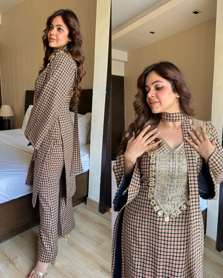 Nude beige woollen checks suit