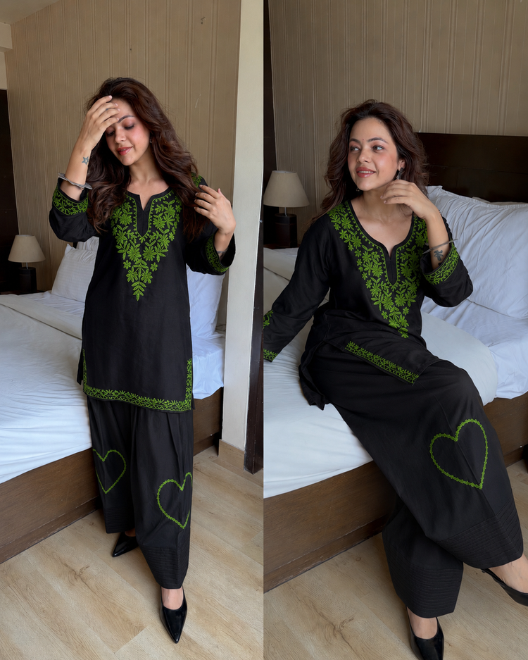 Black green kashmiri rayon kurta farsi set
