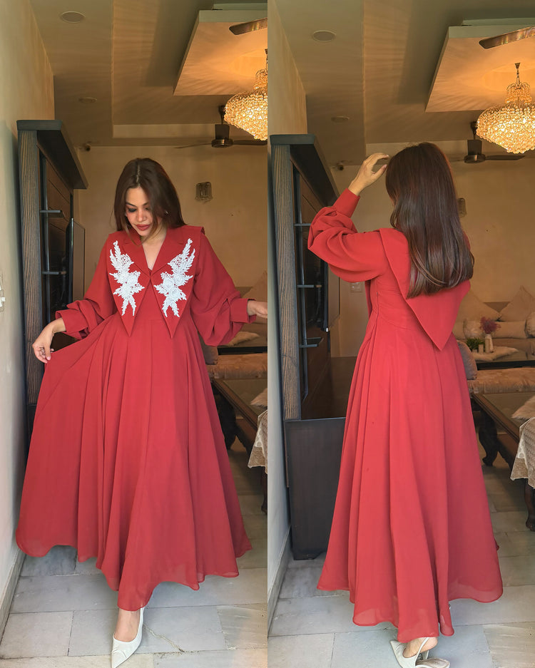 Rust white 3d work gown set