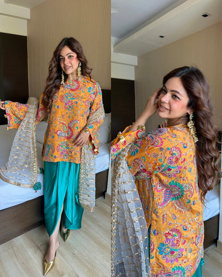 Yellow turquoise drape skirt suit