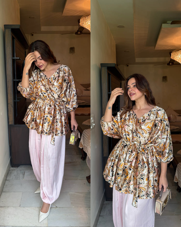 Satin flared top harrem pants set