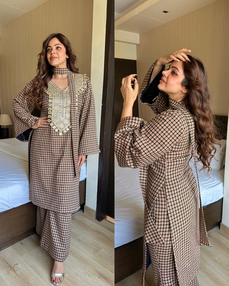 Nude beige woollen checks suit