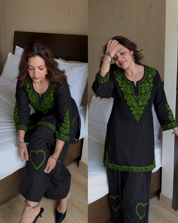 Black green kashmiri rayon kurta farsi set