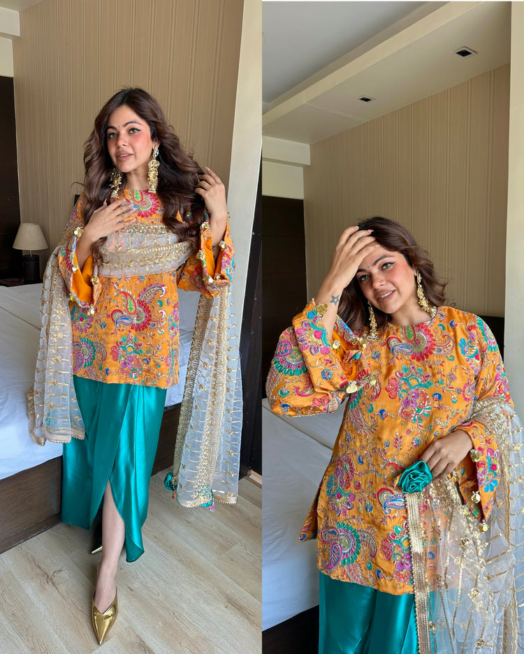 Yellow turquoise drape skirt suit