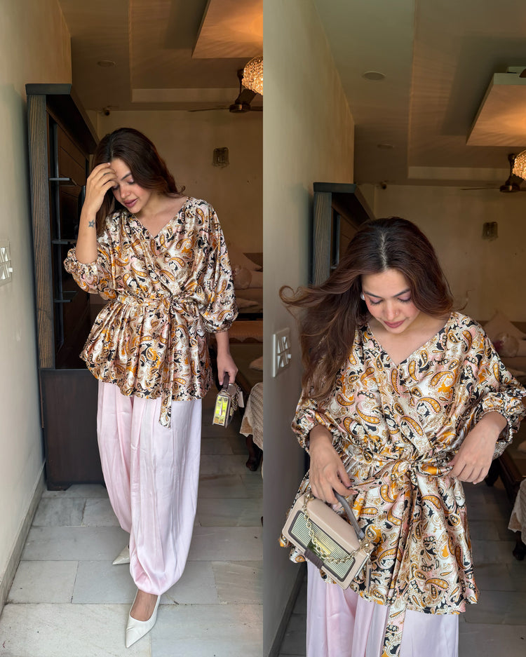 Satin flared top harrem pants set
