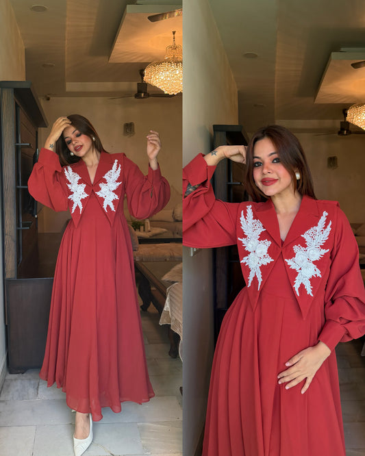 Rust white 3d work gown set