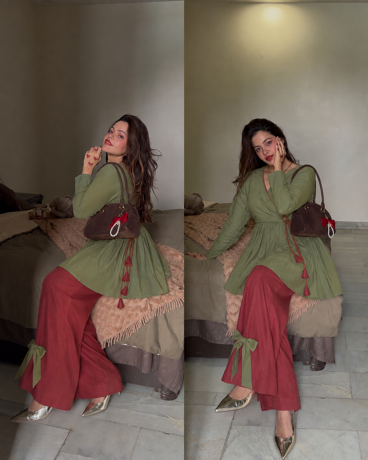 Green rust peplum bow set