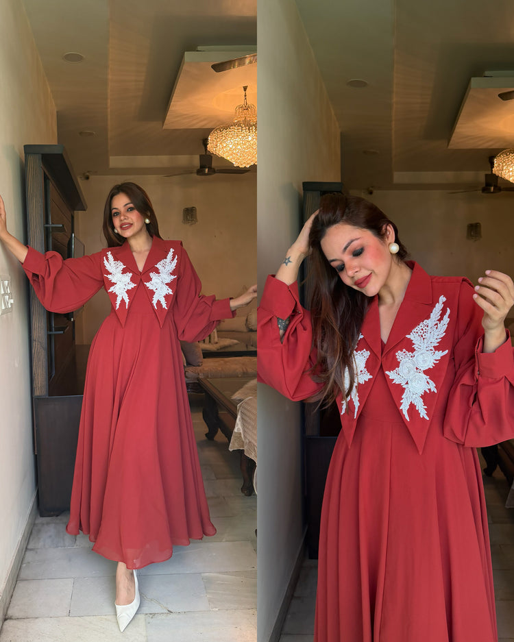 Rust white 3d work gown set
