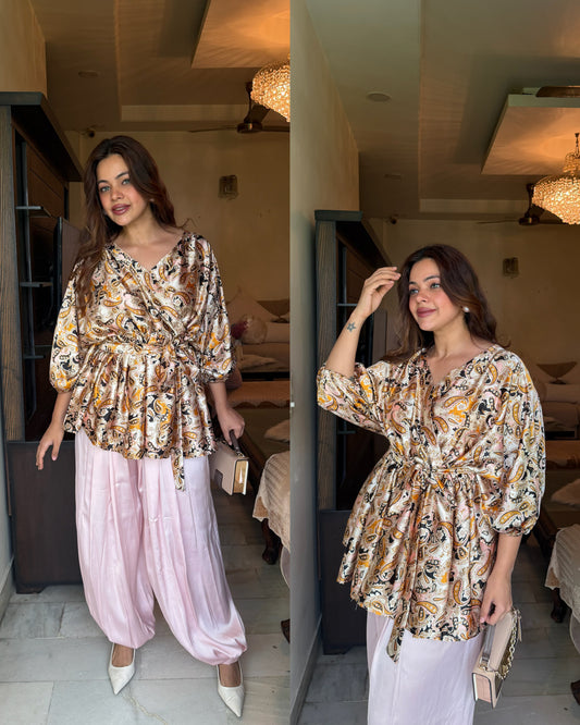 Satin flared top harrem pants set