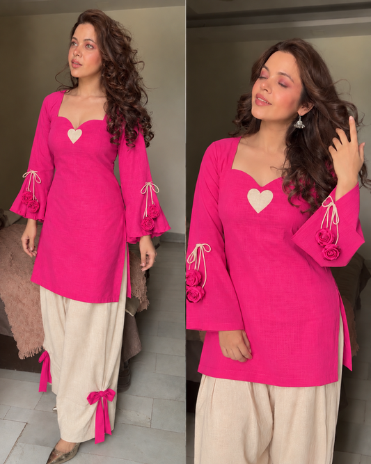 Pink beige cotton flower heart set