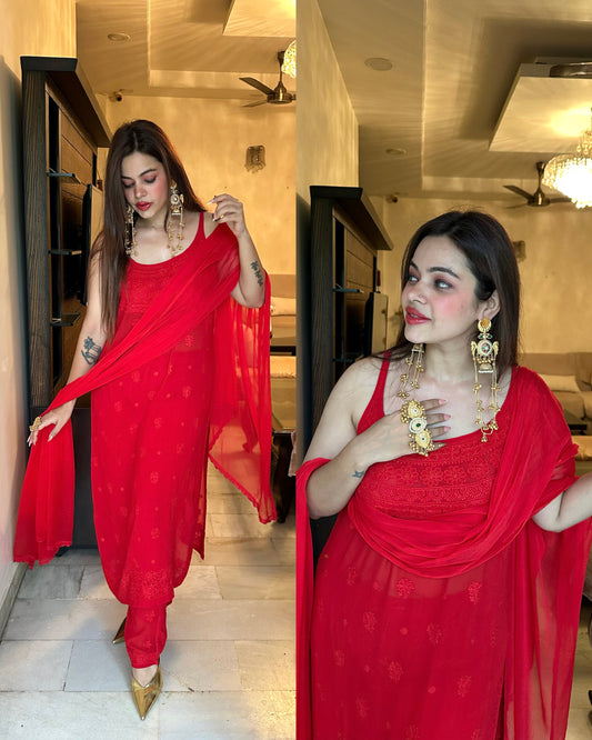 Red chikankari georgette suit