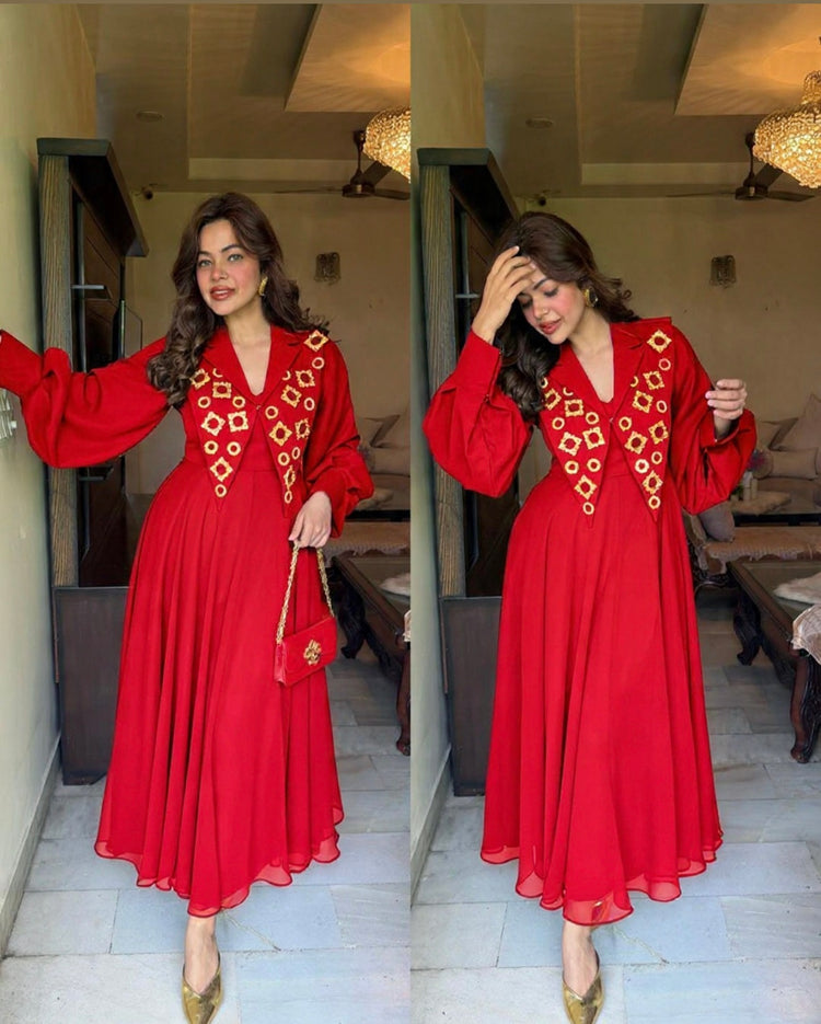 Gold work collar dress set