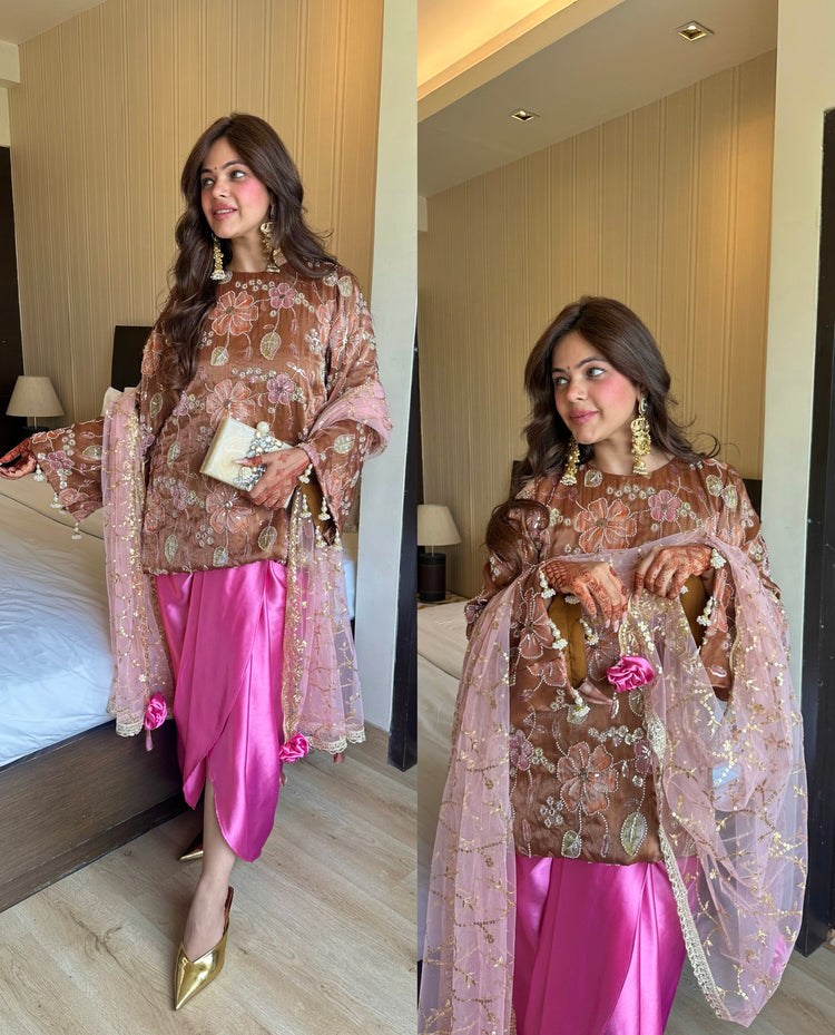 Peach pink premium embroidery skirt set