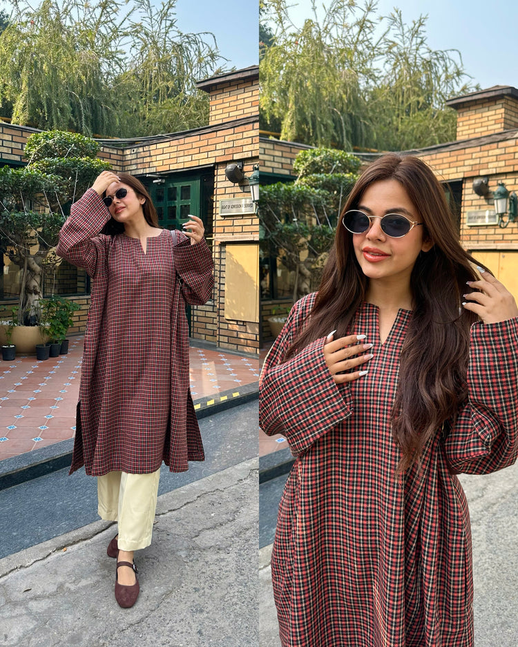 Rust brown checks pheran pant set