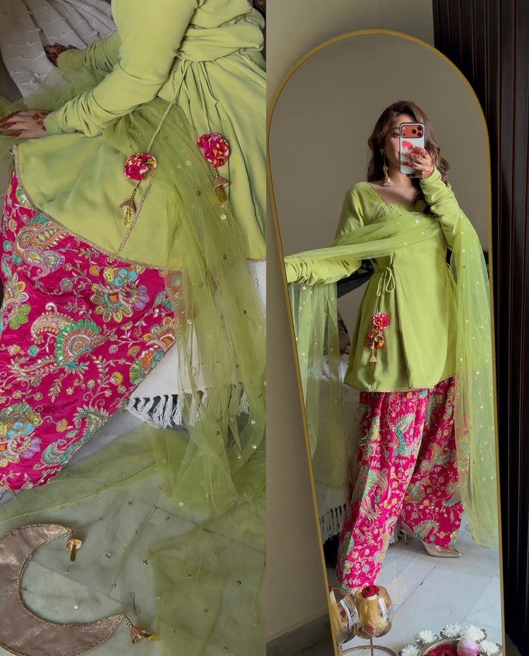 Pink green embroidery farsi chand suit