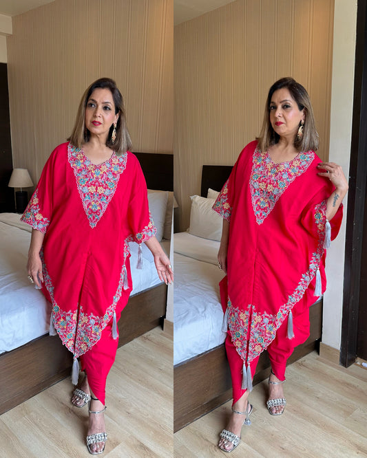 Red embroidery asymmetrical dhoti set