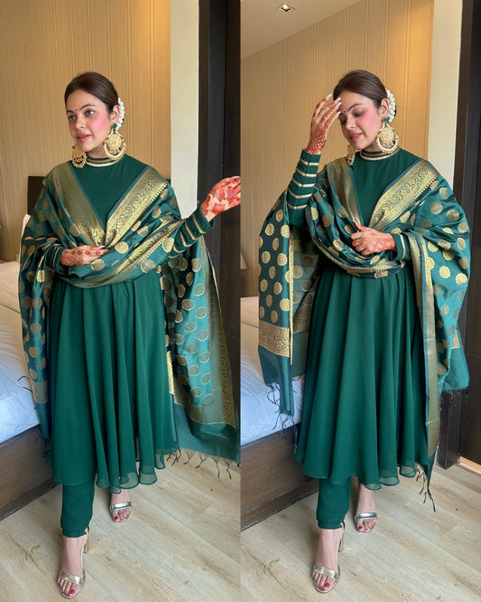 Bottle green banarasi duppata churidar suit