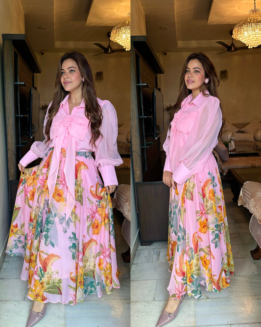 Baby pink floral skirt shirt set
