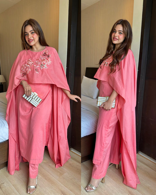 Peach cotton attached duppata set