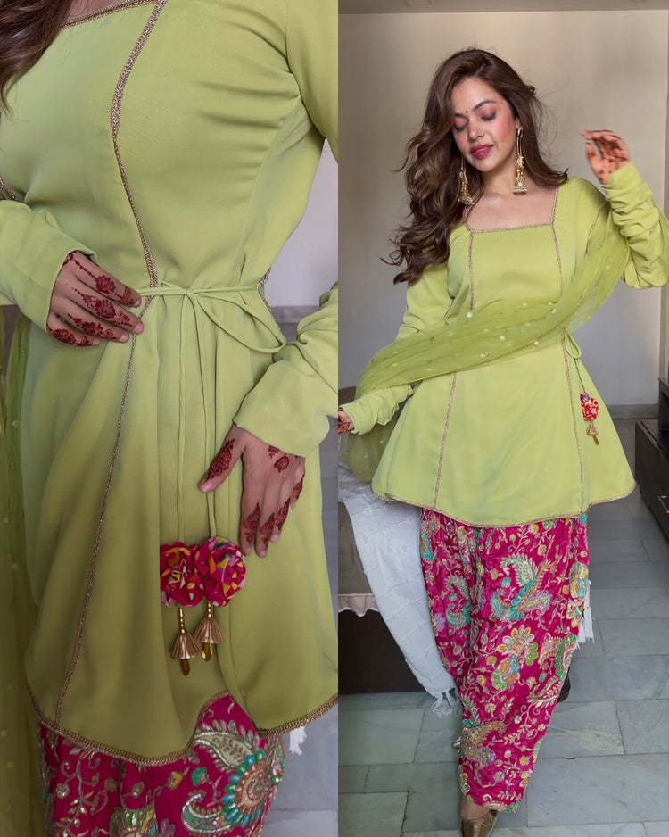 Pink green embroidery farsi chand suit
