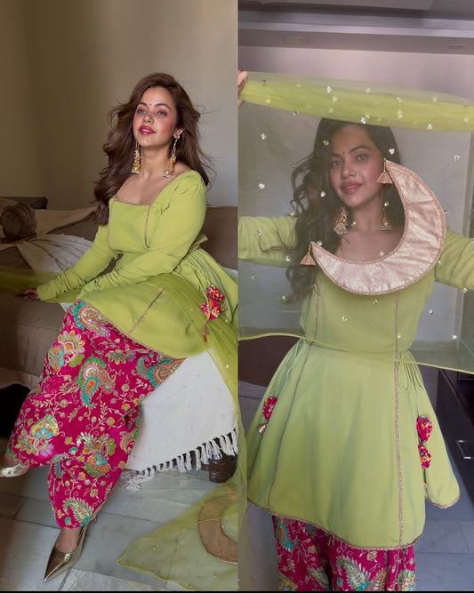 Pink green embroidery farsi chand suit