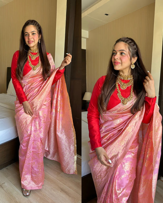 Red pink silk ready to wear saree