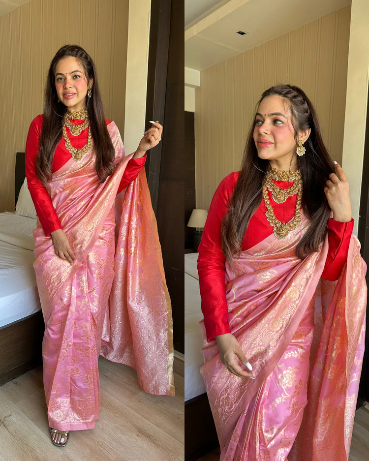 Red pink silk ready to wear saree