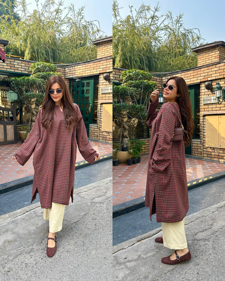 Rust brown checks pheran pant set