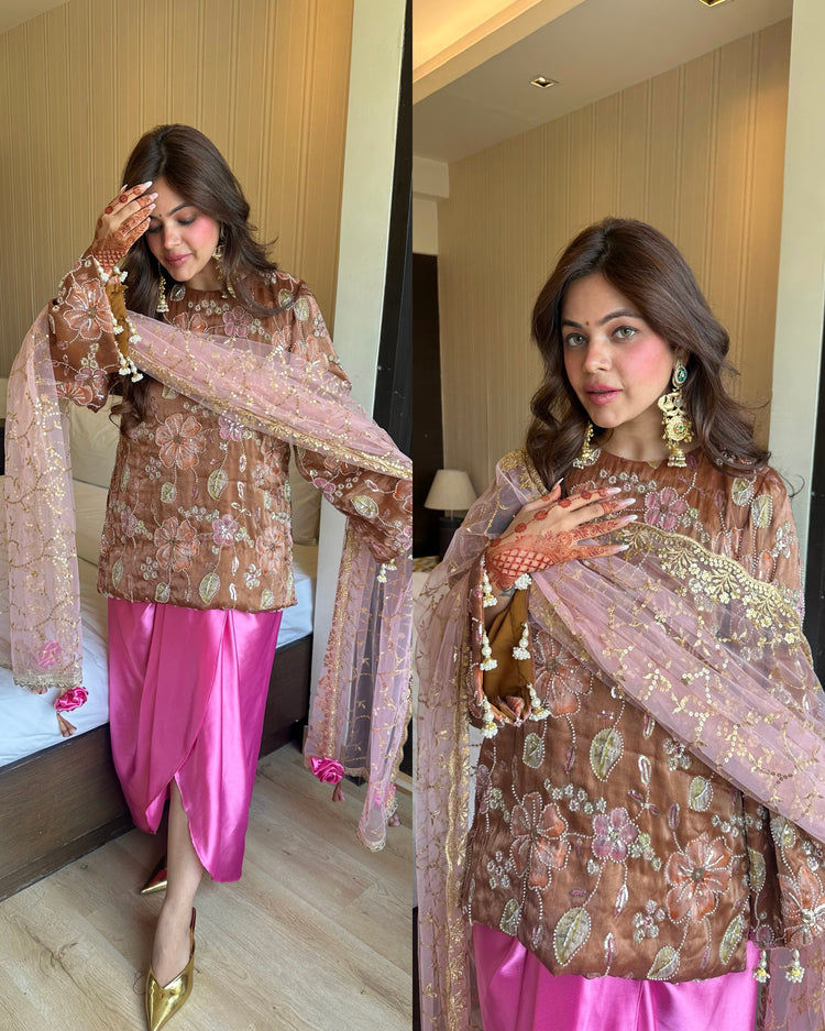 Peach pink premium embroidery skirt set