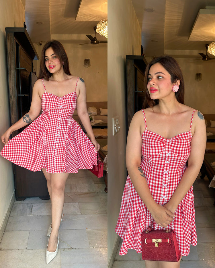 Red white checks cotton dress