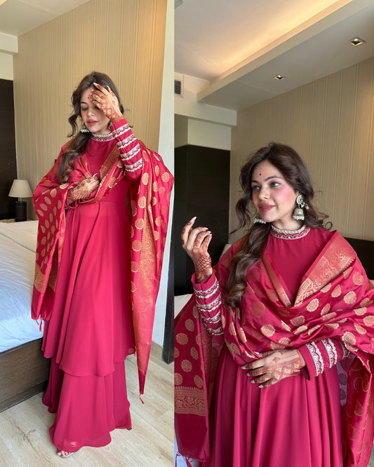 Maroon banarasi flared trousseau suit