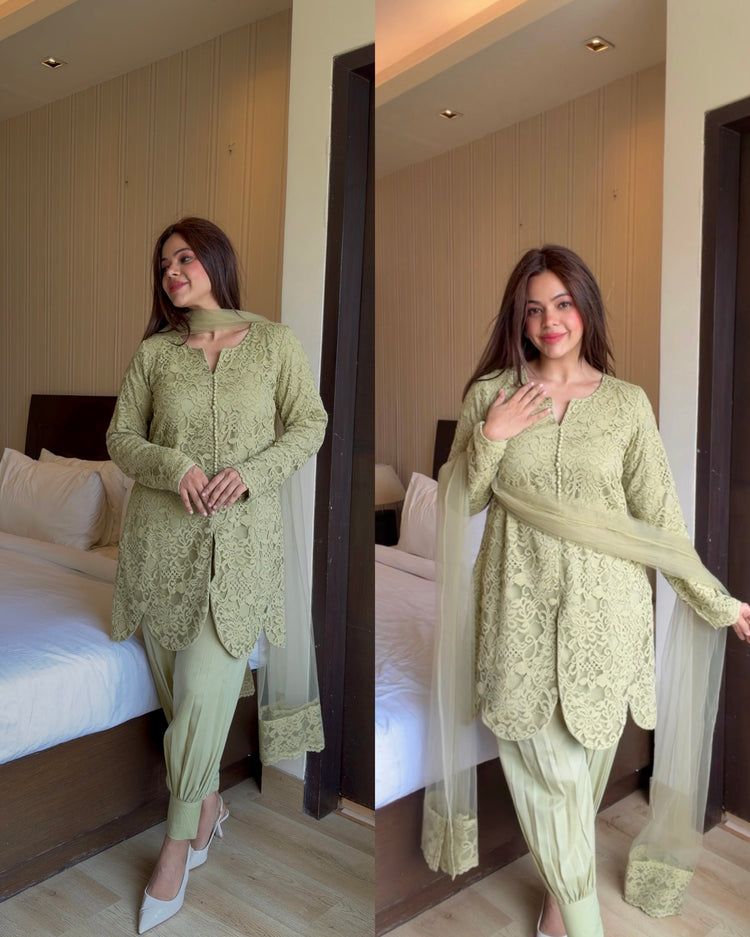 Sage green self net suit