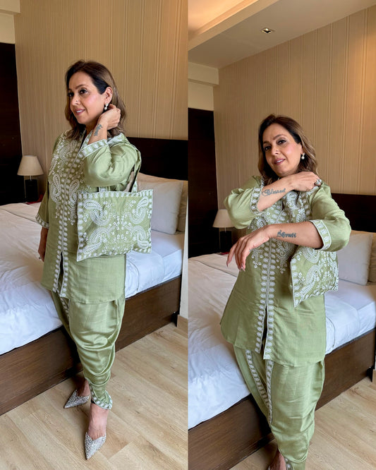 Pastel green white embroidered bag set