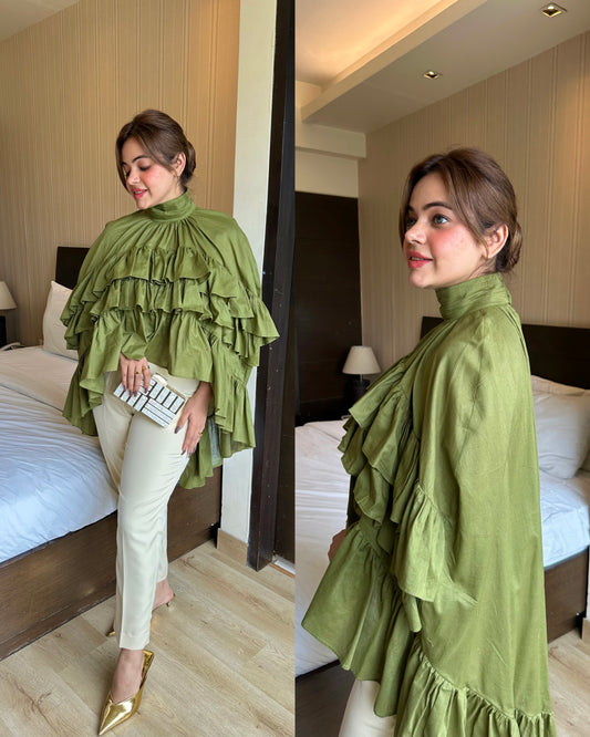 Cotton green frill top pants set