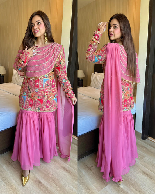 Pink attached duppata embroidered drape suit