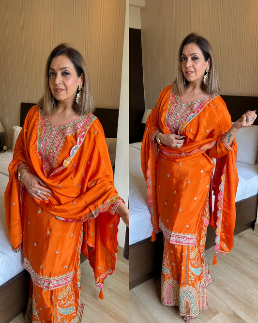 Orange embroidered party wear sharara set