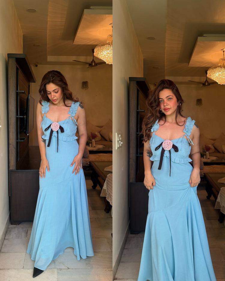 Blue vacation pink rose dress