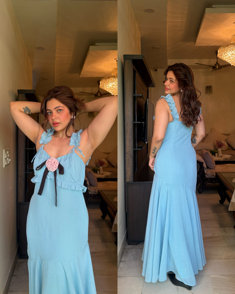 Blue vacation pink rose dress