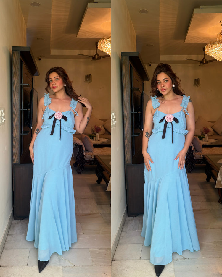 Blue vacation pink rose dress