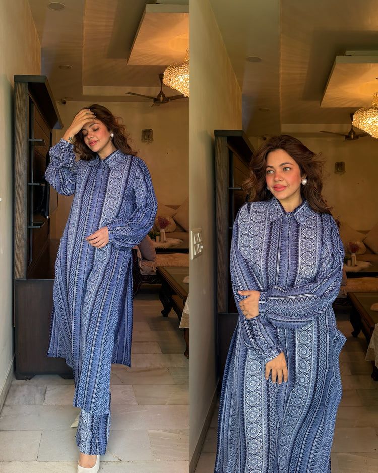 Blue printed elongated pants kurta set
