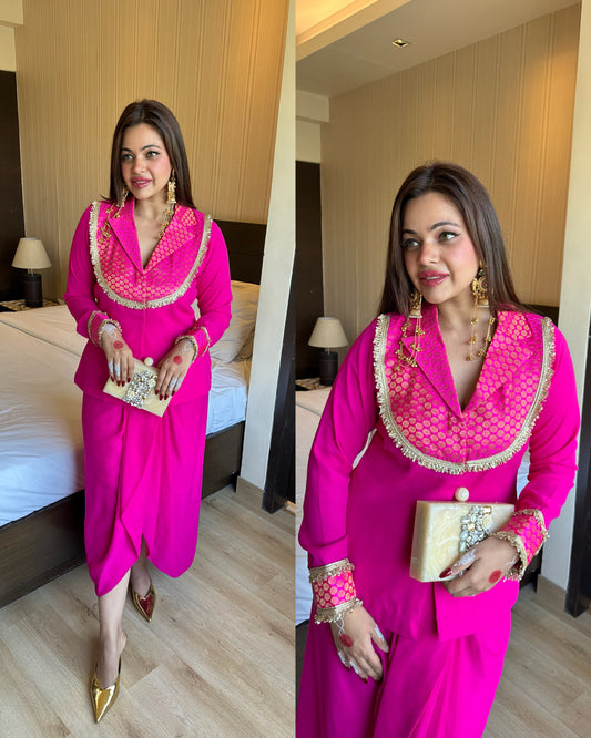 Pink silk yoke blazer drape skirt set