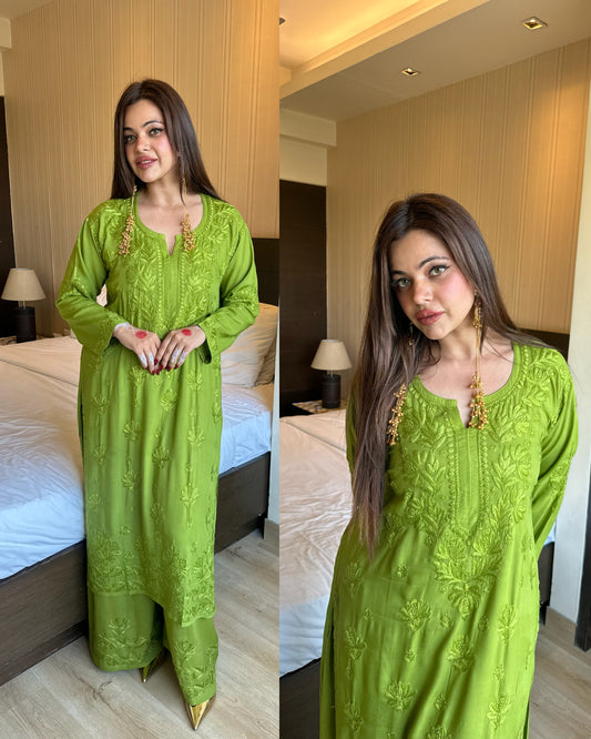 Green pure chikankari muslin set