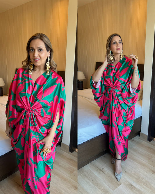 Green pink drape satin kaftaan dress