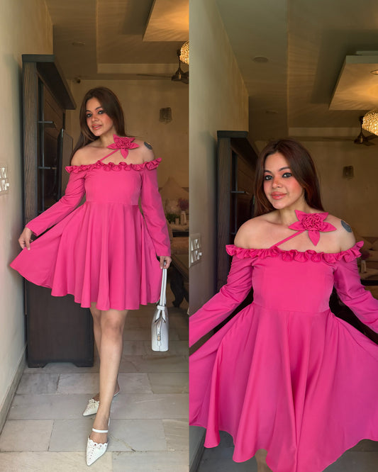 Pink petal flower flared dress