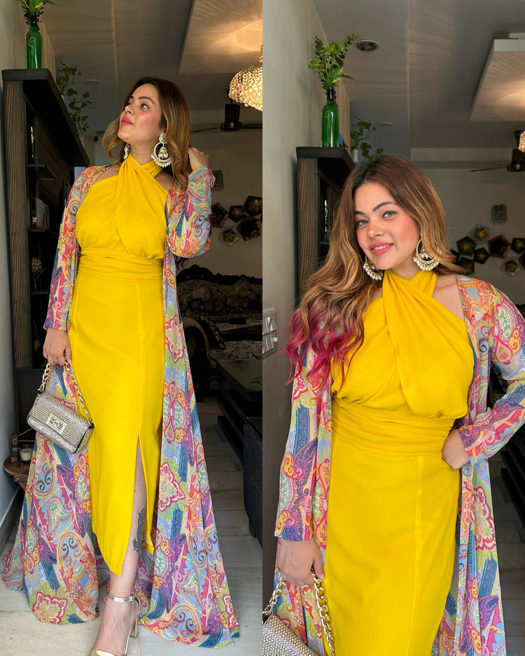 Yellow drape dress with jacket