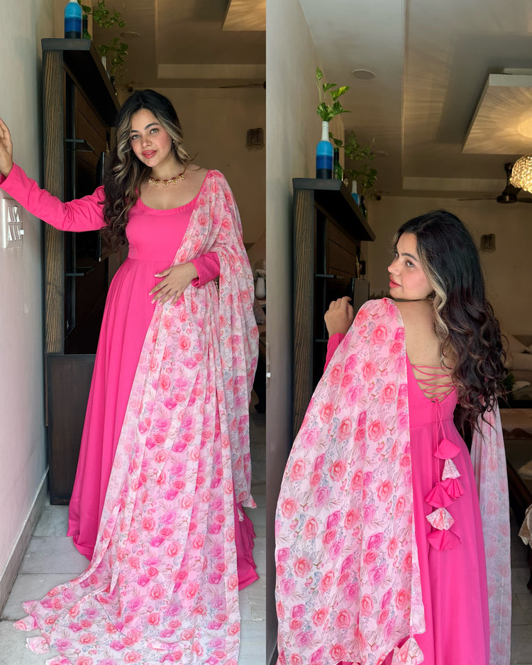 Pink anarkali with printed rose duppata