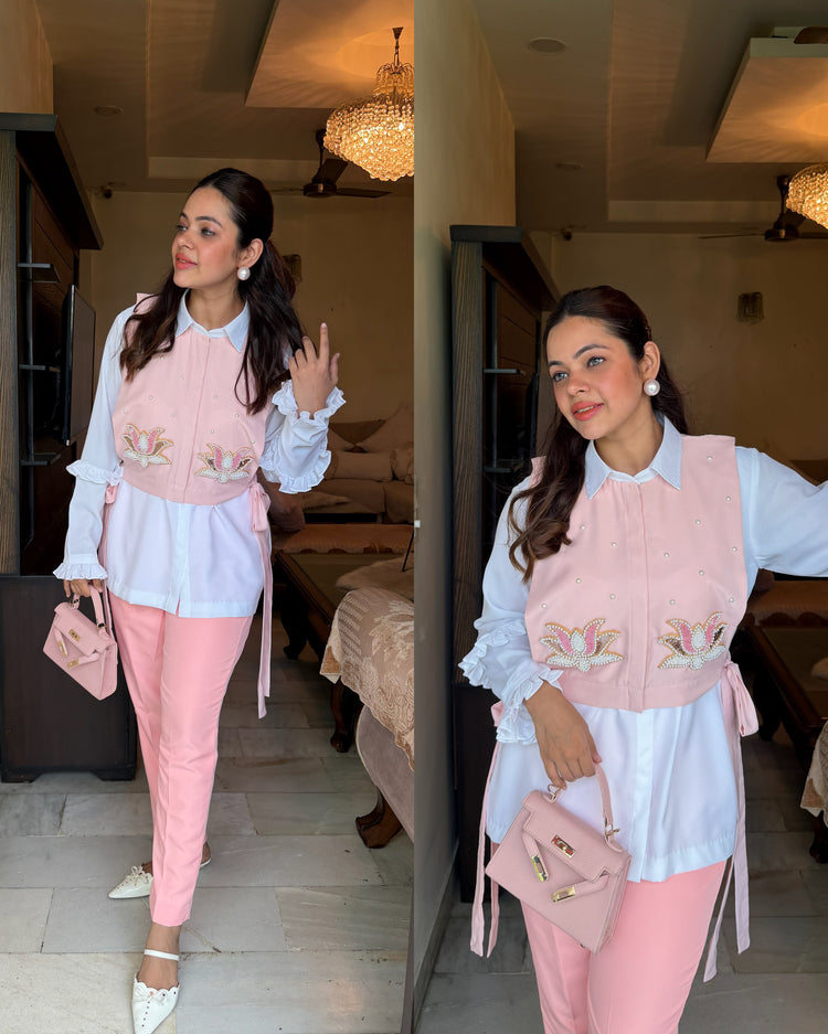 Pearl white pink lotus embroidery set