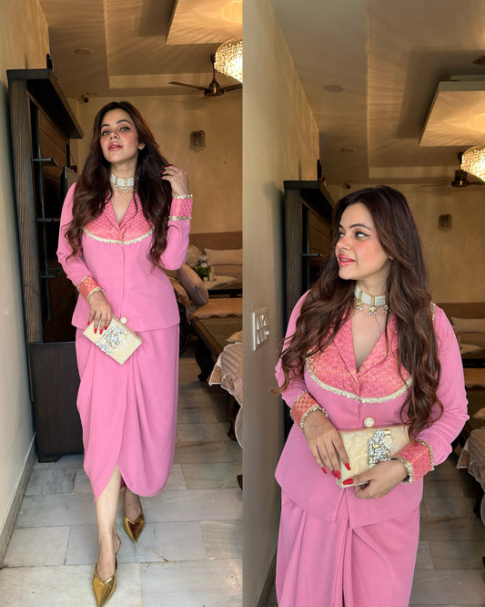 Pink silk yoke drape blazer skirt