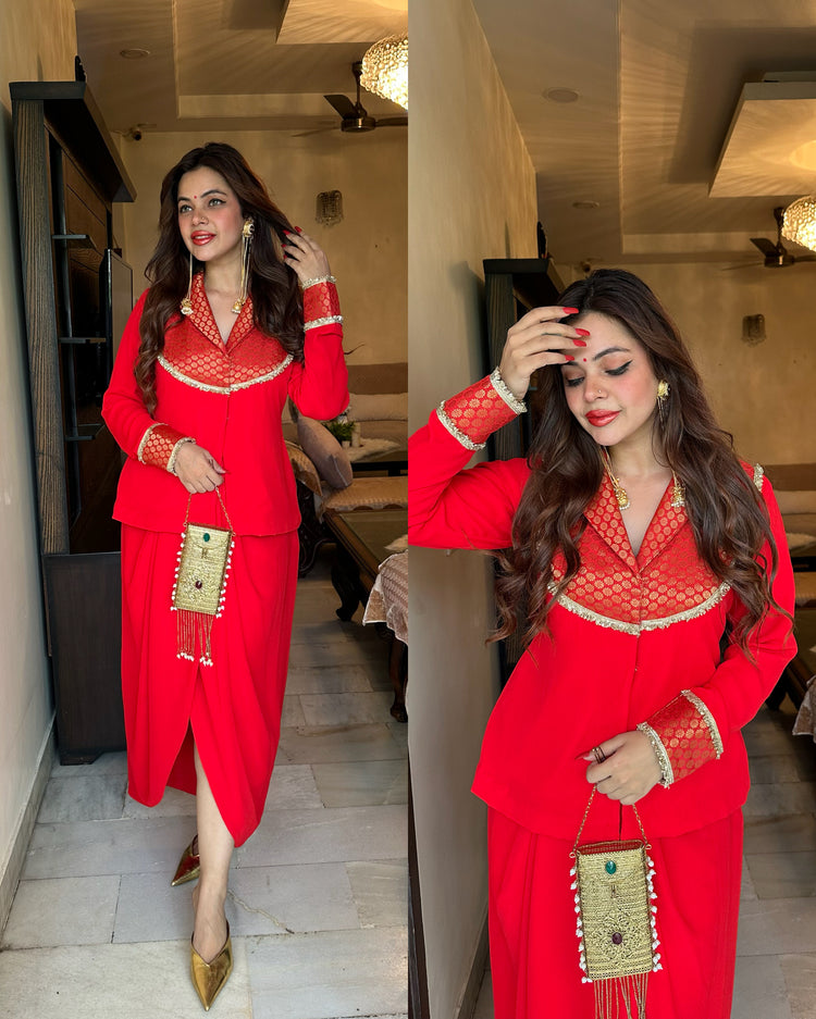 Red silk yoke drape blazer skirt