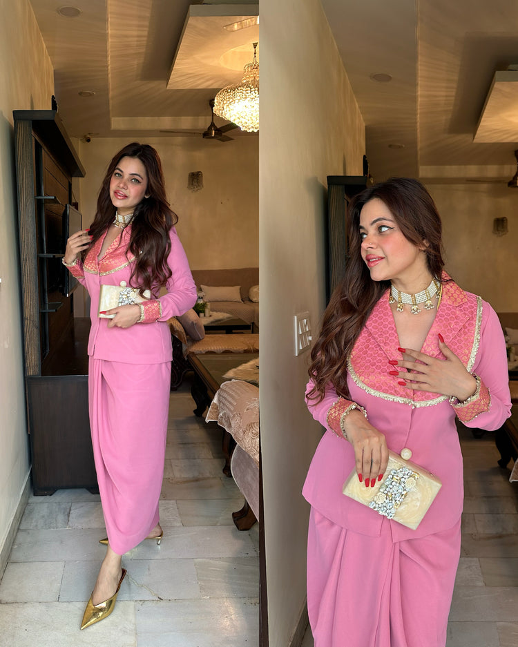 Pink silk yoke drape blazer skirt